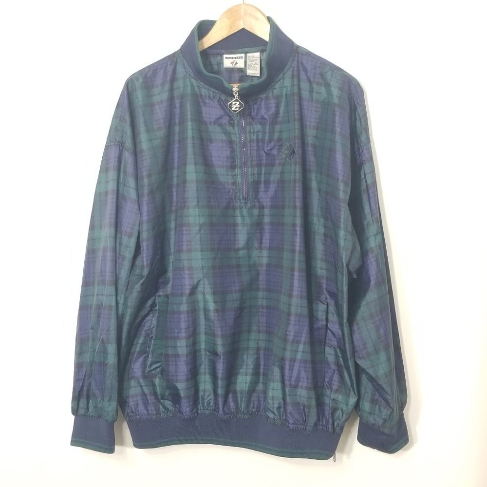 Jerzees Vintage Tartan Plaid Half Zipper Pullover Windbreaker Jacket Preppy XL